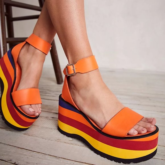 Free People Parris Platform Wedge Leather Sandals in Solar Flare - Picture 3 of 4